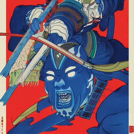 Image similar to a painting of a samurai but a blue oni demon 鬼 👹, poster art by otomo katsuhiro, cgsociety, reimagined by industrial light and magic, official art, poster art