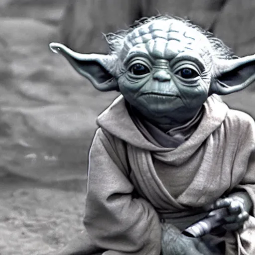 Prompt: Yoda on the planet he was born on, spending time with other members of his species