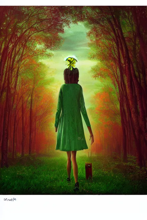 Image similar to giant daisy flower head, girl walking in a green forest, surreal photography, sunrise, dramatic light, impressionist painting, colorful clouds, digital painting, artstation, simon stalenhag