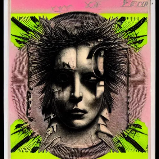 Image similar to post - punk album cover, asymmetrical design, off white frame around, dollar bank note, new age, apocalypse, psychedelic, black white pink, magic, giger h. r., giuseppe arcimboldo