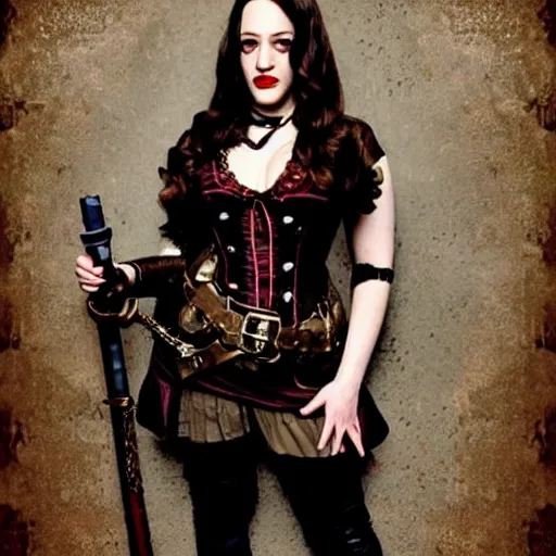 Prompt: full body photo of kat dennings as a steampunk vampire warrior