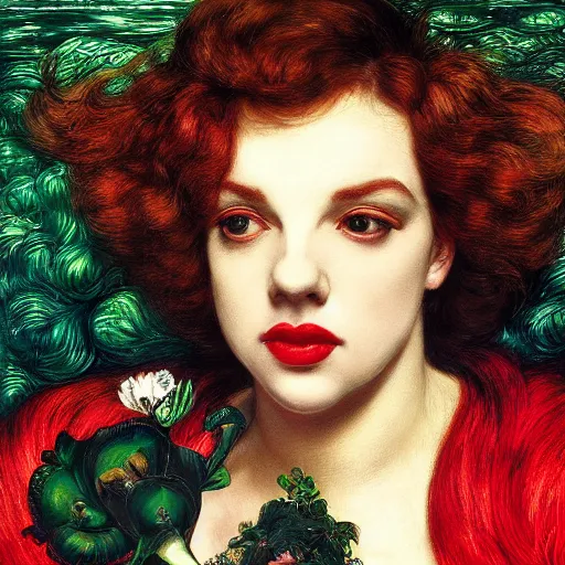 Image similar to portrait of a hybrid of judy garland and lady gaga, holman hunt, john william waterhouse, kilian eng, rosetti, john everett millais, william holman hunt, 4 k