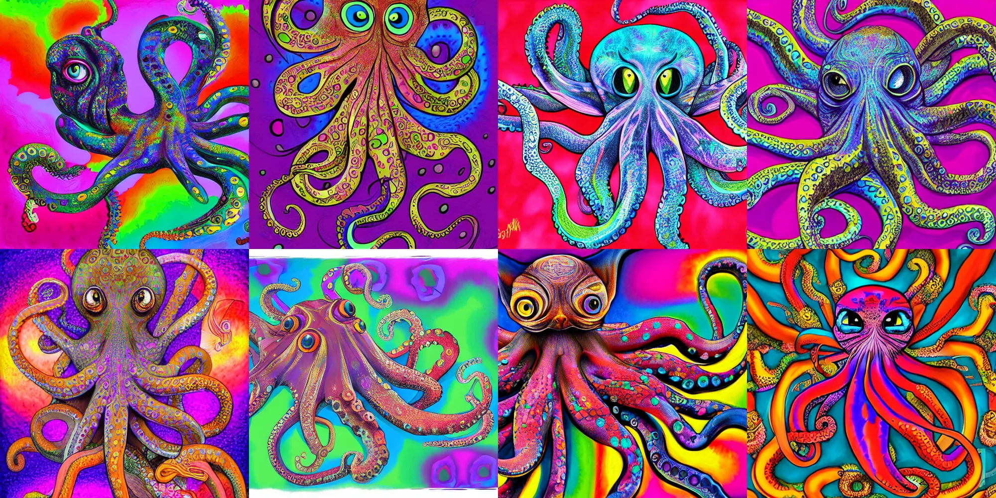 Prompt: psychedelic highly detailed octopus cat chimera, 4 k, octopus cat, digital painting, matte finish, kitten, fine detail