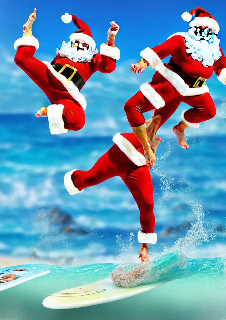 Image similar to santa claus wearing swim suit surfing on the beach, 3d rendering of photo realistic image, super detailed, 4K,cinematic look