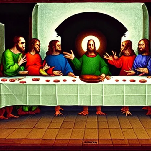 Image similar to pepe the frogs in the last supper