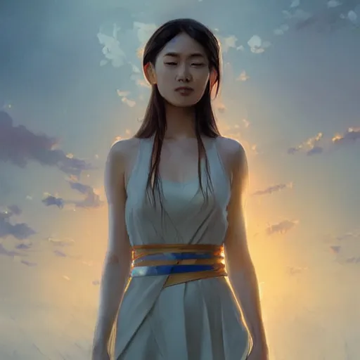 Image similar to asian sun goddess wearing modern clothing, sundress, ponytails, slice of life, modern instagram influencer, highly detailed, digital painting, artstation, concept art, sharp focus, illustration, cinematic lighting, art by artgerm and greg rutkowski and alphonse mucha