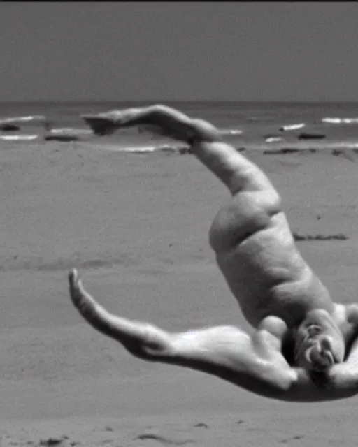 Image similar to film still close - up shot of boris johnson doing a somersault on the beach from the movie monty python's the meaning of life. photographic, photography