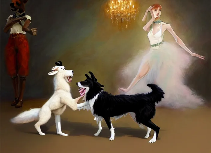 Image similar to wide shot painting of a male anthropomorphic border collie fursona dancing with a cute female anthropomorphic sheep fursona in a ballroom, beautiful, intricate, elegant, realistic proportions, highly detailed, scenic background, trending on artstation, art by charlie bowater and henry asencio and and ross tran