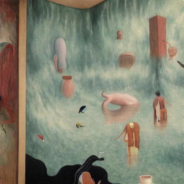 Image similar to tall emo artist in her flooded apartment, painting of flood waters inside an artist's home, a river flooding indoors, pomegranates, pigs, ikebana, zen, water, octopus, river, rapids, waterfall, black swans, canoe, berries, acrylic on canvas, surrealist, by magritte and monet