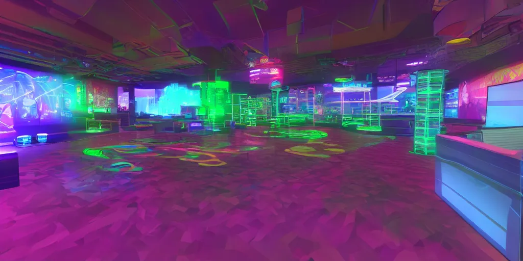 Image similar to VRChat world lobby with neon lighting.