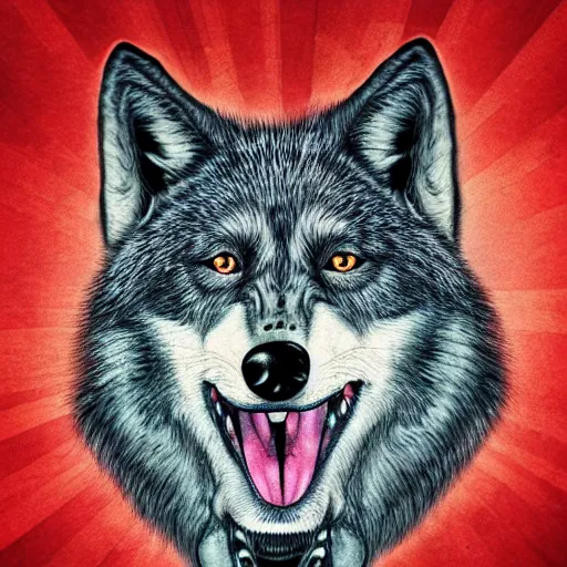 Prompt: portrait of retarded wolf, eyes in different directions, vivid colors, very poor, propaganda style, it looks sick, very ugly face, tongue out