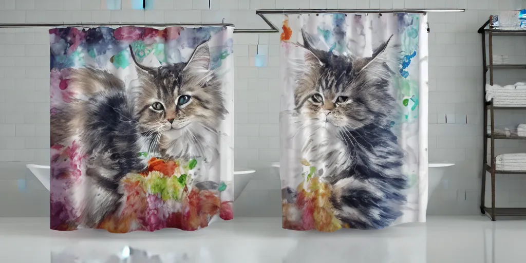 Image similar to shower curtain product catalog. on the curtain is a watercolor with ink under drawing of a cat toy being chased by a maine coon kitten. wide - angle product photography, product lighting. 4 k, highly detailed. saturated.