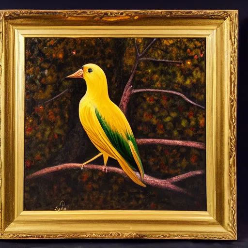 Image similar to A beautiful and elegant oil painting of a golden bird in a tree, 50mm lens, studio lighting, oil painting, matte, no blur, close up, 4k, by Sandro Boticceli