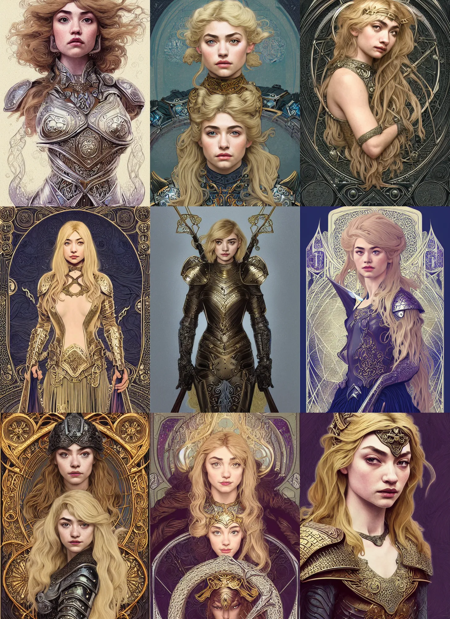 Prompt: centered portrait, Imogen Poots as a D&D paladin, blonde hair, intricate metal armour, Art Nouveau, beautiful retro Fantasy heroine 1985, intricate, elegant, highly detailed, centered, digital painting, trending on artstation, concept art, smooth, sharp focus, illustration, art by raphael lacoste, eddie mendoza, Mucha, alex ross, WLOP