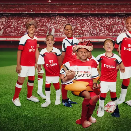 Prompt: a promo portrait of hot dogs in arsenal soccer jerseys playing football, happy,