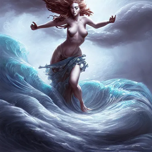 Image similar to portrait of a powerful goddess of water clothed in swirling water striding through a stormy sea, highly detailed matte fantasy painting, stormy lighting, by ross tran and artgerm and peter mohrbacher