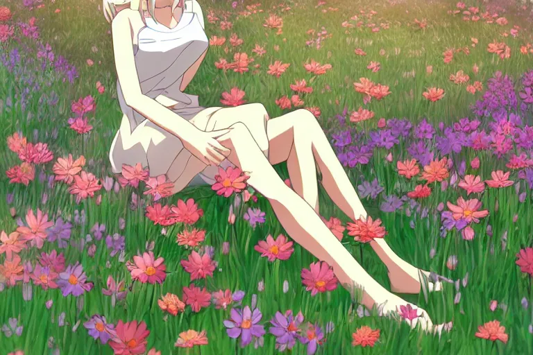 Image similar to beautiful anime transgender blonde girl sitting in a field full of flowers, highly detailed, realistic, dynamic lighting, cinematic, masterpiece, trending on artstation, in the style of studio Ghibli