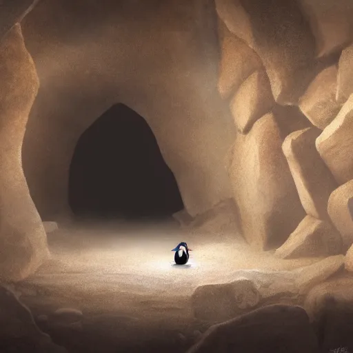 Image similar to lonely penguin playing in a cave, abandoned by its herd, cinematic lighting, 4k painting