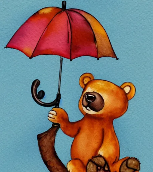 Prompt: autumn a bear with an umbrella cartoon watercolor by arti chauhan trending on artstation