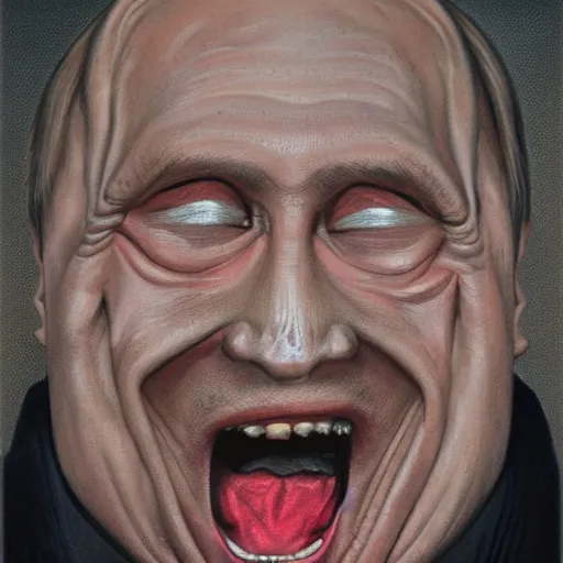 Image similar to Portrait by H.R.Giger of Igor Vladimir Putin who became a degenerate horror Abomination, photo-realistic, color image, 2K, highly detailed