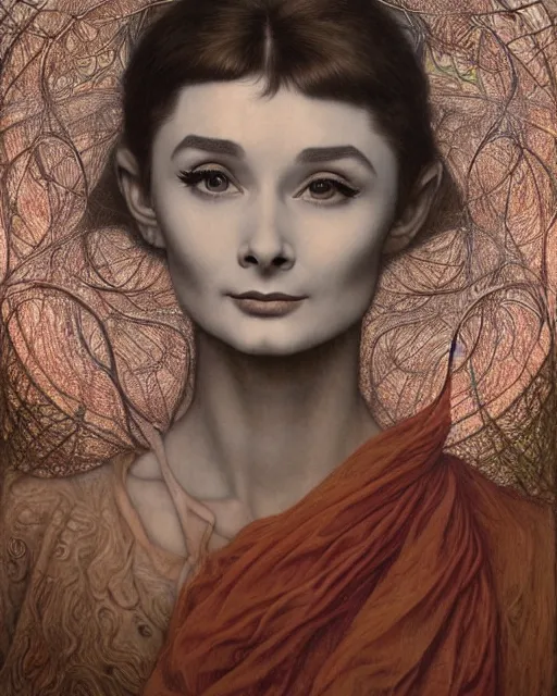 Image similar to matte painting portrait shot, beautiful colourful audrey hepburn, detailed and intricate by jean delville, gustave dore and marco mazzoni, art nouveau, symbolist, visionary, gothic, pre - raphaelite