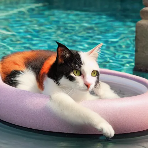 Image similar to a calico cat in a float in a pool