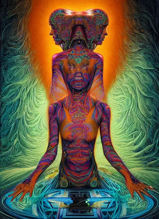 Prompt: portrait ultra dimensional cult woman shaman, accidentally tripping on dmt and acid, psychedelic experience, ascending through the fifth dimension moving at the speed of light and sitting still, portal, ultra high definition, unreal engine 5, hyperrealism, masterpiece composition, by peter kemp, casey weldon, barclay shaw