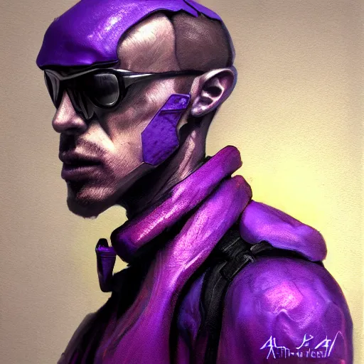 Prompt: character design sketch humanoid by ahmet atil akar, profile portrait, cyberpunk street goon, concept art character, cyberpunk fashion, with body made of purple lava and fire, marvelous designer, royalty, smooth, sharp focus, organic, deep shadowsby jerad marantz, hyperrealistic oil painting, 4 k, studio lightning