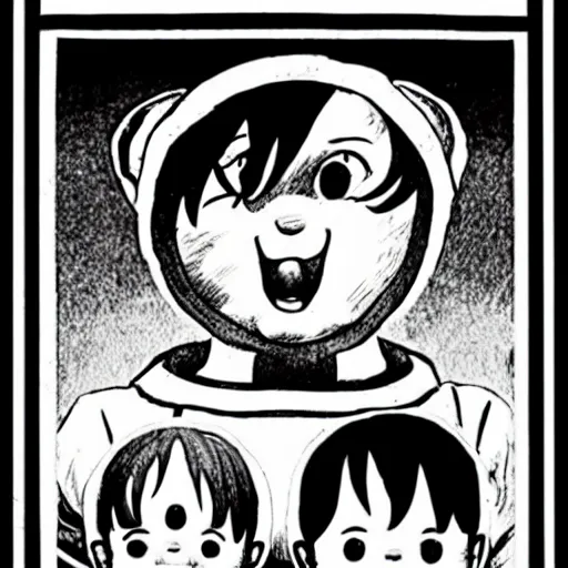 Prompt: black and white illustration of Teletubbies by Junji Ito