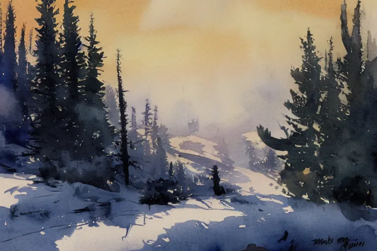 Prompt: small centered on watercolor paper, paint brush strokes, abstract watercolor painting of ragnarok at nightfall, american wild west, winter, pine trees, viking mythology, cinematic light, american romanticism by hans dahl, by jesper ejsing, by anders zorn, by greg rutkowski, by greg manchess, by tyler edlin