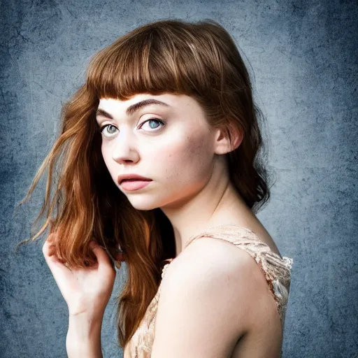 Image similar to a masterpiece portrait photo of a beautiful young woman who looks like a imogen poots, symmetrical face, random background scene