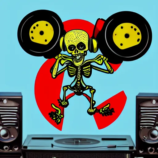 Image similar to svg sticker of a Dancing-Zombie-Skeleton, at a rave, spinning records, giant headphones rocking out, wearing headphones, huge speakers, dancing, rave, DJ, spinning records, digital art, amazing composition, rule-of-thirds, award-winning, trending on artstation, featured on deviantart