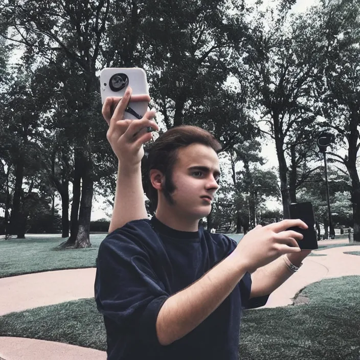 Prompt: modern color fine details iphone 12 Pro selfie photograph of a young 20 year old Bill Murray at 20 years old taking a selfie in a park on an iPhone 12 Pro, 20 year old Warren Buffet, modern HD cell phone photograph in color, instagram,