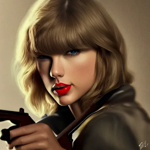 Prompt: Taylor Swift carrying a rifle, realistic, trending on artstation