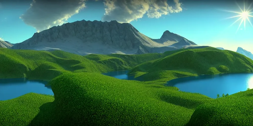 Image similar to a beautiful landscape, sun rises between two mountains, a lake in between the mountains, green, lush vegetation, blue sky, cloudy, 3 d artwork by john stephans, unreal engine 5, extremely detailed, hyper realism