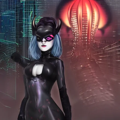 Prompt: cyber girl with demon horns and a gloomy face in front of a cybercity holding a black feather in her hands