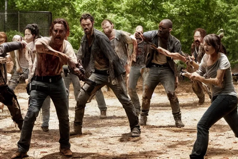Image similar to the cast of sout park in the walking dead fighting zombies, movie still, 8 k, from the newest season the walking dead, cinematic lighting, hd
