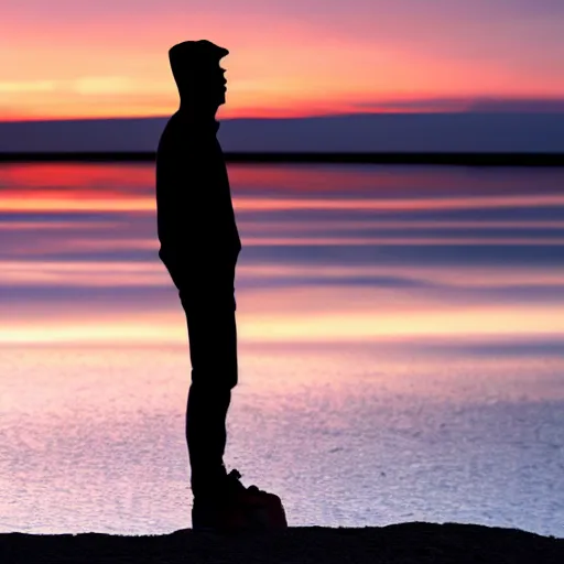 Prompt: a silhouette of a man staring at a sunrise,