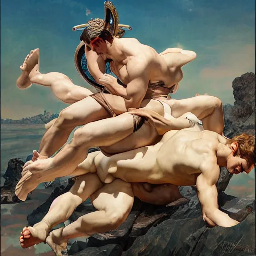 Image similar to ultra realistic illustration of young greek gods wrestling, full body, male body study, icarus, apollo and hyacinthus, poster art by artgerm and greg rutkowski and alphonse mucha