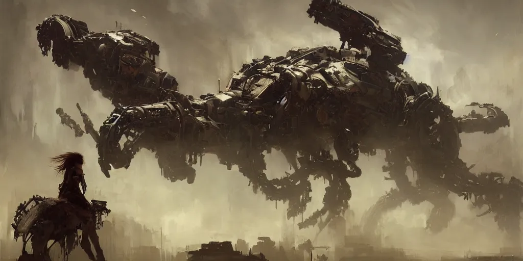 Image similar to beautiful painting by jeremy mann, a mechanical jaguar creature of horizon forbidden west horizon zero dawn, concept art, fantasy, desaturated, ominous, unsettling, sharp focus, octopath traveler, unreal engine highly rendered, global illumination, dramatic lighting, misty