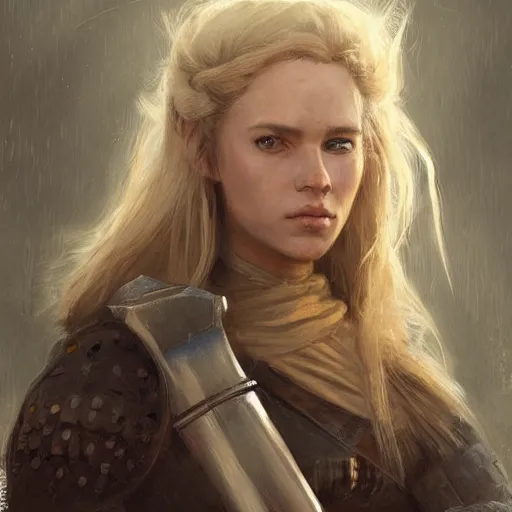 Prompt: a rustic woman wearing medieval armor, detailed face, blonde, by greg rutkowski, mandy jurgens