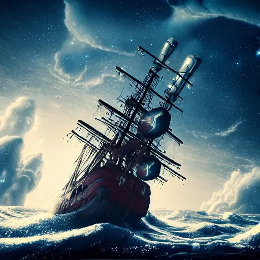 Prompt: ghost ship on a stormy sea with galaxies in the sky ,highly detailed, 4k, HDR, award-winning, artstation, octane render