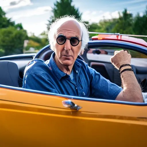 Image similar to larry david driving a toy car, canon eos r 3, f / 1. 4, iso 2 0 0, 1 / 1 6 0 s, 8 k, raw, unedited, symmetrical balance, wide angle