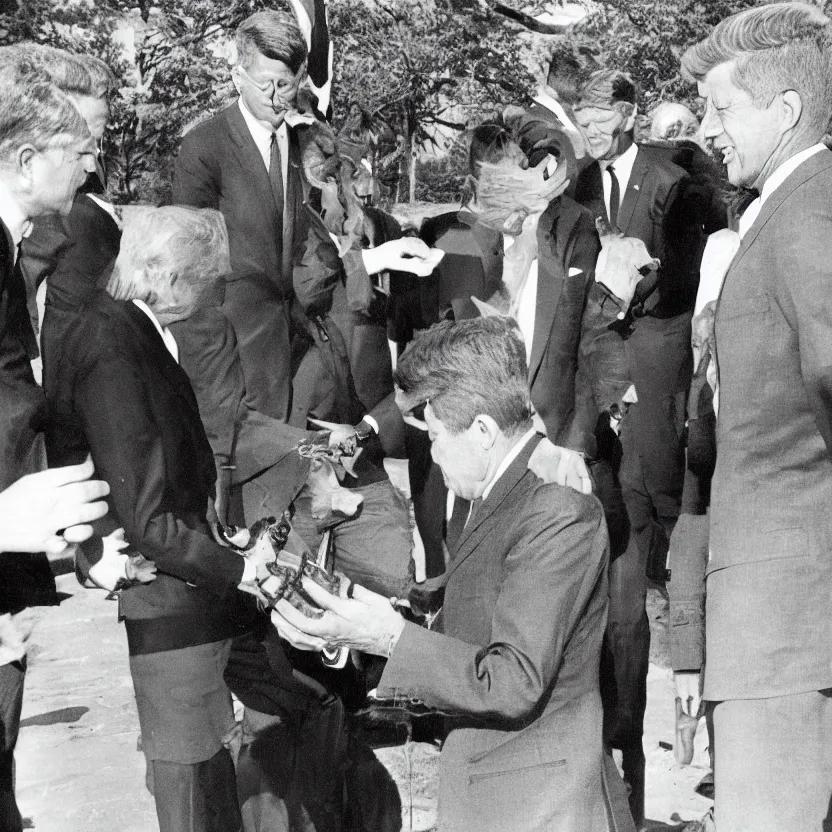 Image similar to president kennedy meeting with an argonian lizard warrior in skryim