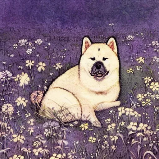 Prompt: an akita inu sitting in a moonlit field of flowers, by warwick goble and kay nielsen