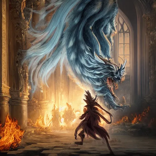 Prompt: A epic and beautiful rococo painting of a werewolf inside a burning cathedral. demon slayer style. ultra-detailed. Anime, pixiv, UHD 8K CryEngine, octane render