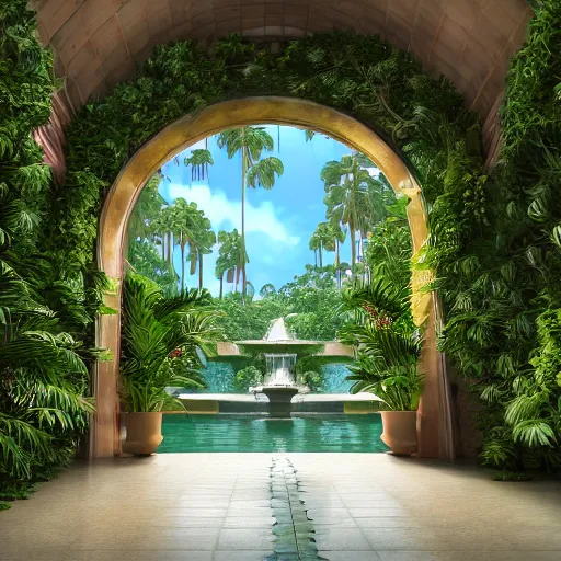 Prompt: grand cathedral interior with koi pond in the middle surrounded by palm trees, ivy, flowers, tropical plants, roses, and with archways, rendered in octane render with photorealistic lighting, cinematic