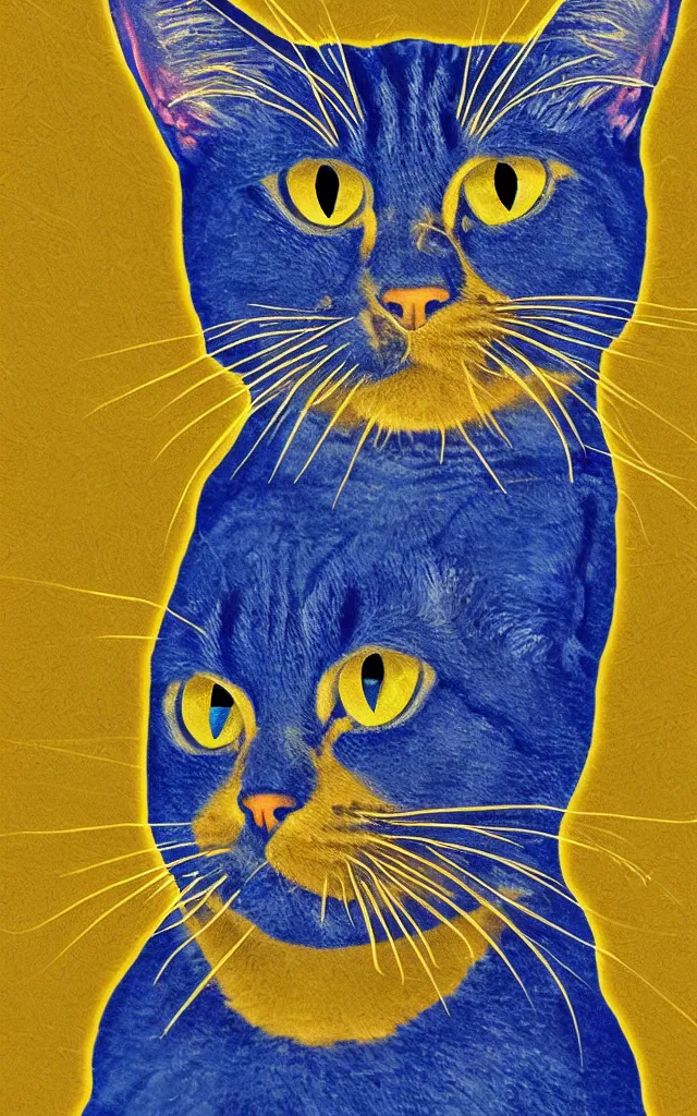 Image similar to Bastet sublime cat goddess Egyptian aesthetic yellow gold eyes blue fur, fine oil portrait digital art, sharp colors