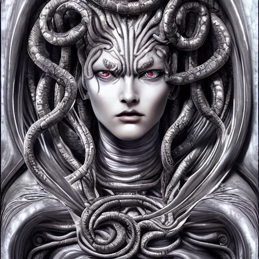 Image similar to medusa, highly detailed, symmetrical long head, smooth marble surfaces, detailed ink illustration, raiden metal gear, cinematic smooth stone, deep aesthetic, concept art, post process, 4k, carved marble texture and silk cloth, latex skin, highly ornate intricate details, in the style of frank miller