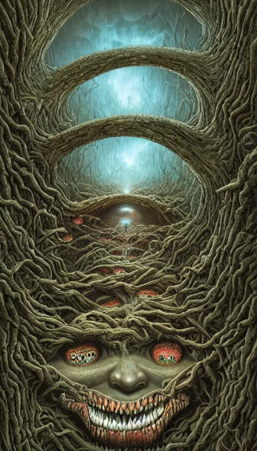 Prompt: a storm vortex made of many demonic eyes and teeth over a forest, by naoto hattori